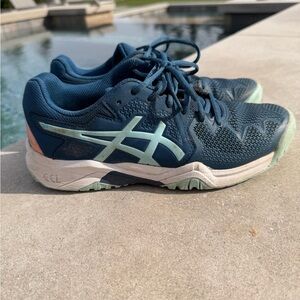 Asics Gel Resolution 8 Kids Blue Sneakers with Mint and Peach Accents